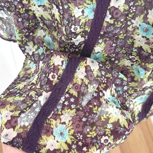 Decree Sheer Floral Boho Peasant Blouse Purple Blue Top Romantic Fairy Size L - Picture 3 of 7